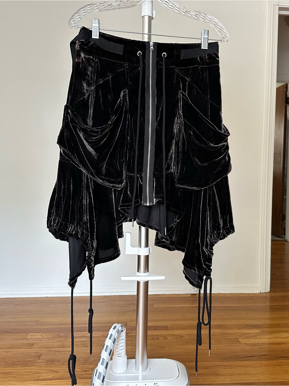 Free People Black Velvet Asymmetrical Drawstring Skirt size 4 - Picture 4 of 13